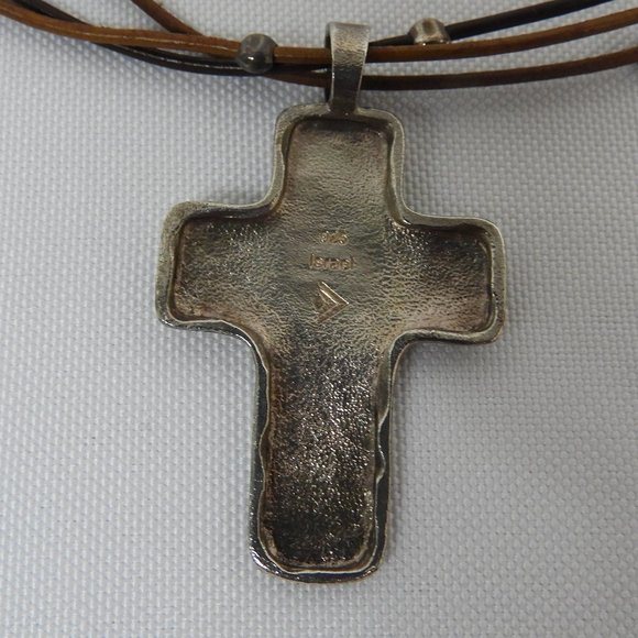 L721 Brown Cord Hammered Cross Necklace Stamped 925 Israel - Picture 3 of 6